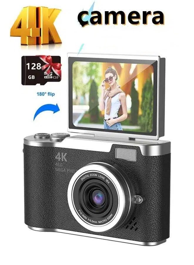 كاميرا رقمية محمولة بدقة 48 ميجابكسل مزودة بتقريب رقمي CCD بدقة 4K، وكاميرا سيلفي بشاشة قابلة للطي 180 درجة، مع بطاقة ذاكرة SD سعة 128 جيجابايت. - Image 1